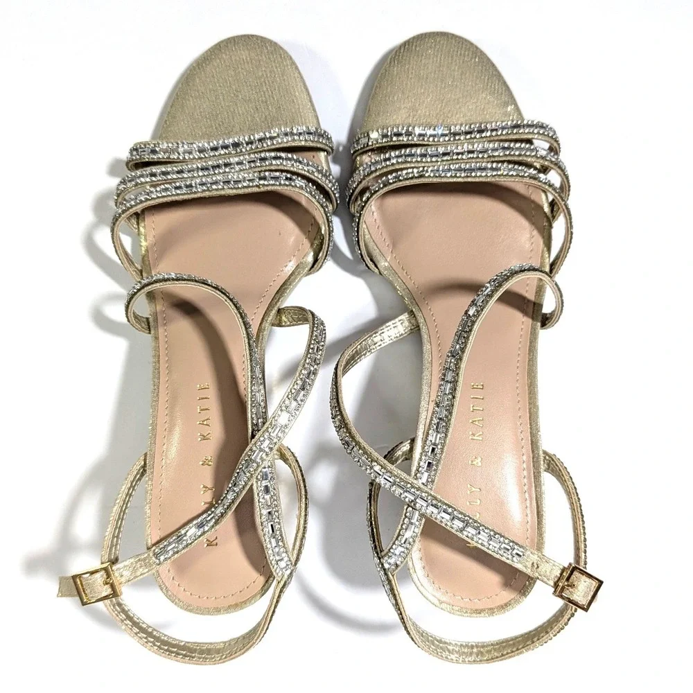 Kelly & Katie Tahada Gold Rhinestone Wedge Sandals Size 8M 38.5